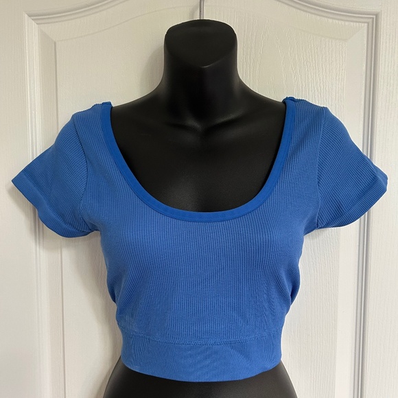 aerie XL Blue Crop Top Open Back Crossover Stretch - Picture 1 of 6